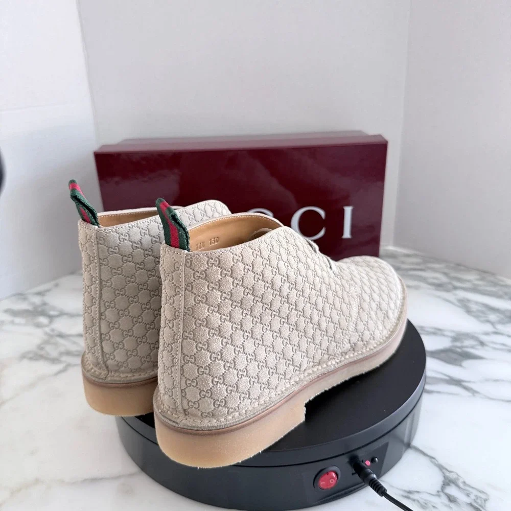 GUCCI GG Suede Desert Boots Embossed Oatmeal Tan Shoe, G 9